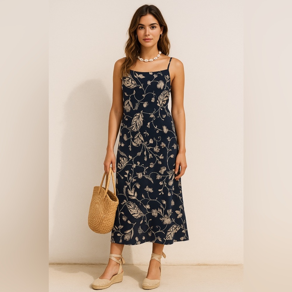 Harold’s Vintage 90s Floral Slip Dress – Navy Rayon Maxi – Size 4 - Picture 8 of 13